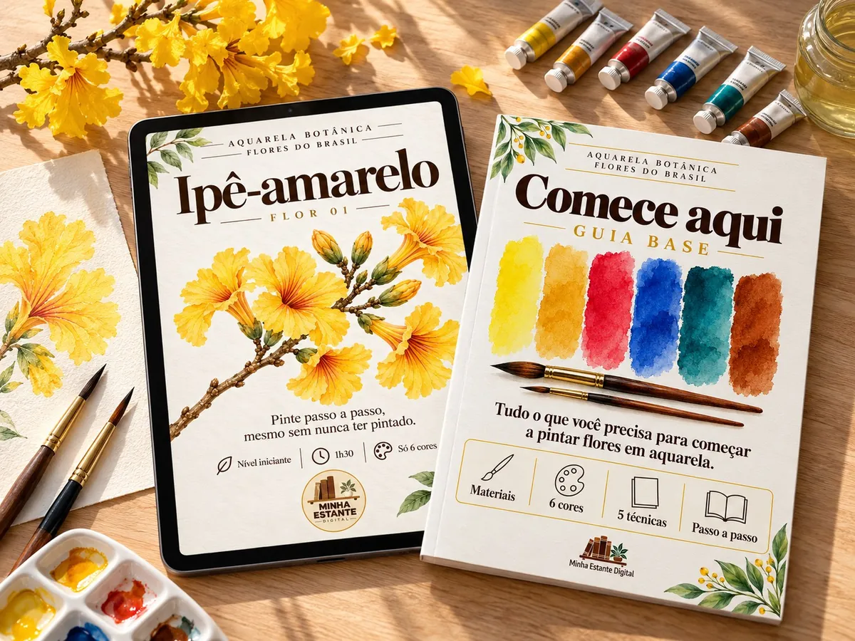 Ebook Ipê-amarelo no tablet e Guia Base impresso, com tintas e pincéis